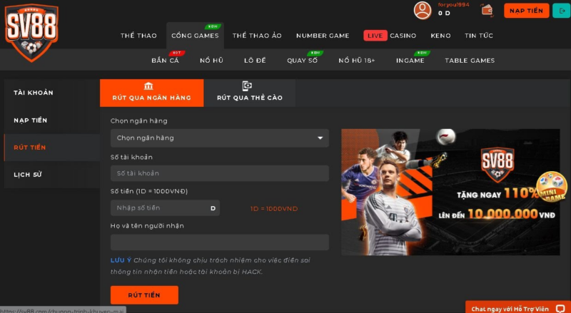 Rút nạp tiền tại SV88 nhanh chóng, an toàn