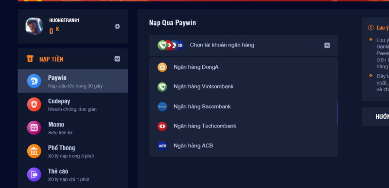 Phương thức nạp qua Paywin