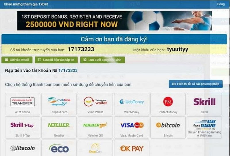 Gửi tiền vào nhà cái 1xbet