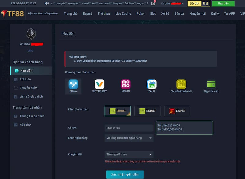 TF88 Gửi tiền vào nhà cái