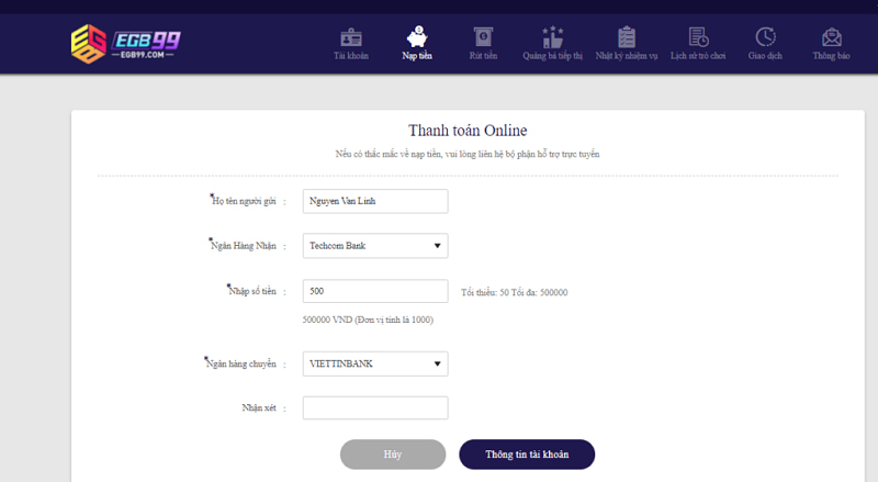 EGB99 Cách gửi tiền tại nhà cái