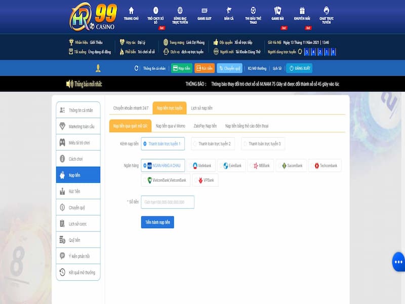 Gửi tiền tại nhà cái hr99 với nhiều cách thức thực hiện
